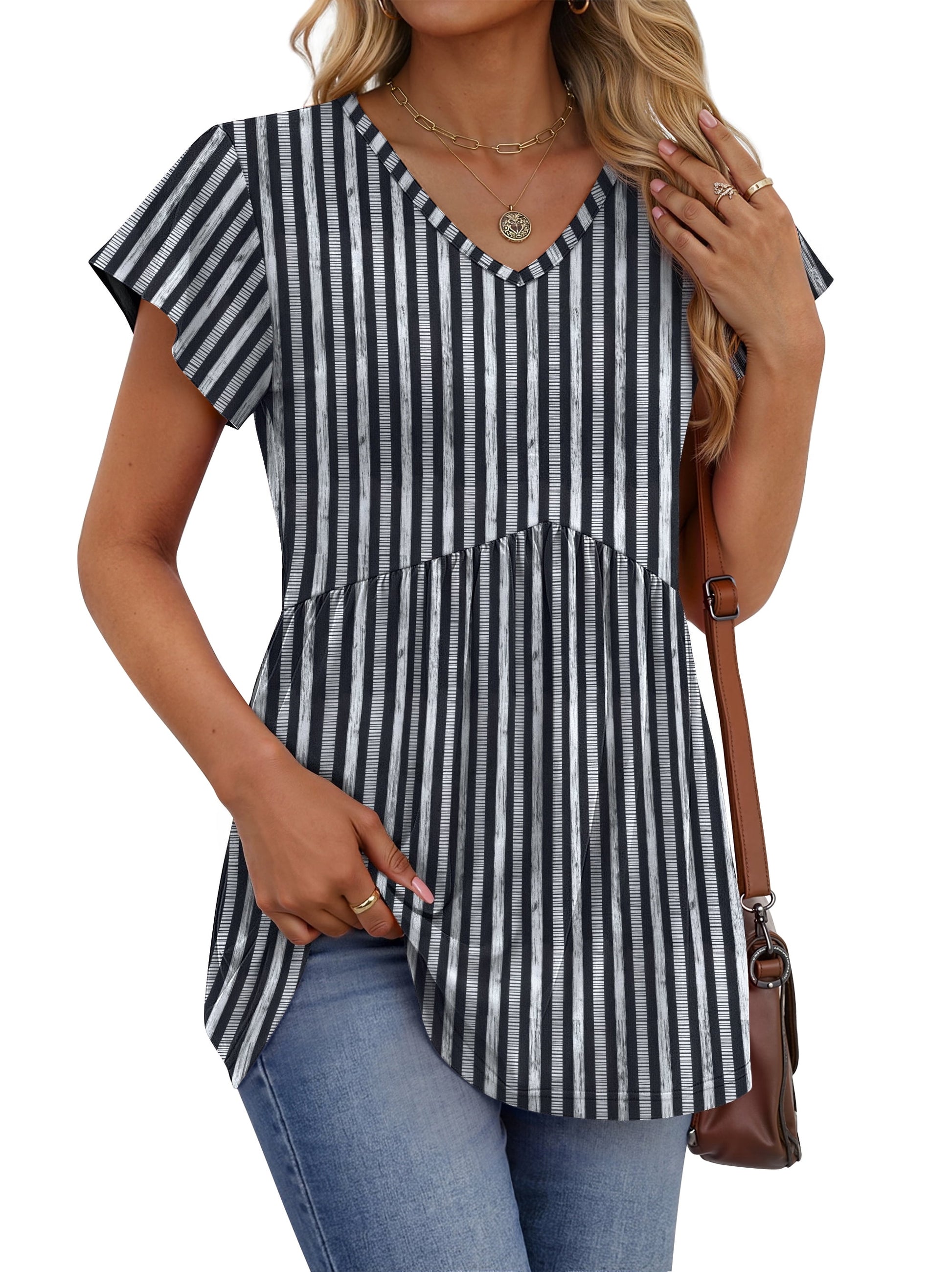 Womens Tops V Neck Short Sleeve Summer Shirts Babydoll Peplum Tops Tunic Dressy Casual Blouses