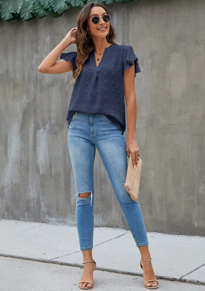 Blouses for Women Dressy V Neck Ruffle Sleeve Summer Tops Casual Flowy Shirts
