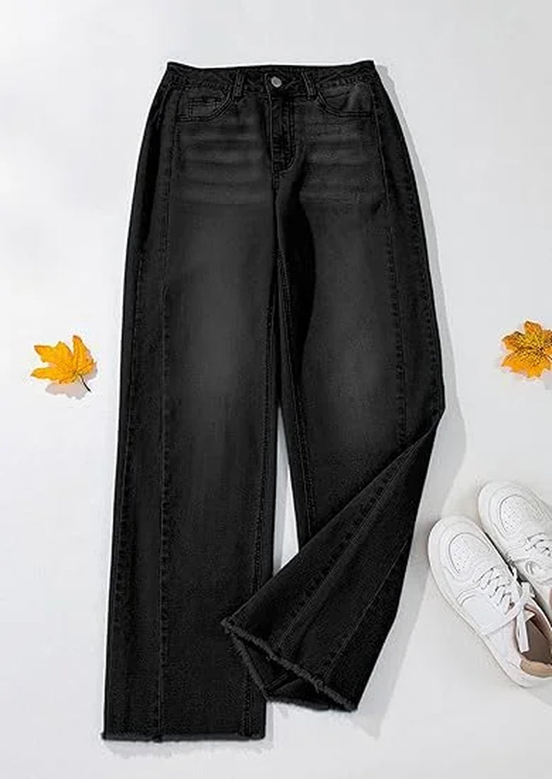 Wide Leg Jeans for Women Trendy High Waisted Stretchy Baggy Raw Hem Denim Palazzo Pants with Pockets