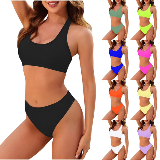 Swimsuits,Women Solid Backless Bikini Bandage Two-Pieces Swimwear Swimsuit Beachwear Set Hot Pink S