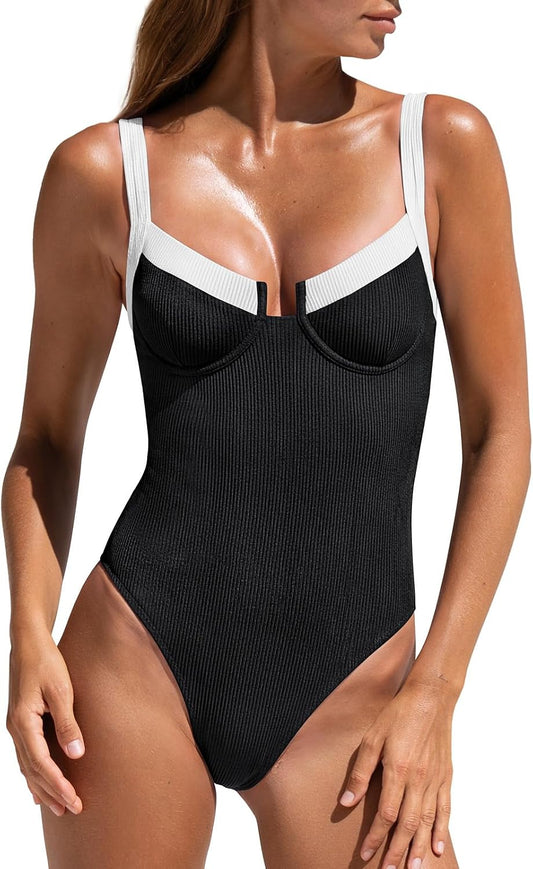 One Piece Swimsuit Women Tummy Control Ribbed Underwire Swimwear | Bathing Suits,Contrast Trim,Knotted,Retro,Vintage,Slimming,Push Up,Sexy ,Flattering,Beach,Vacation