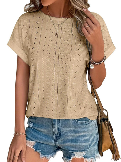 Summer Short Sleeve T Shirts for Women Casual Loose Tunic Tops Comfortable Crew Neck Tops for Womens Clothes Eyelet Embroidery Blouses Shirts