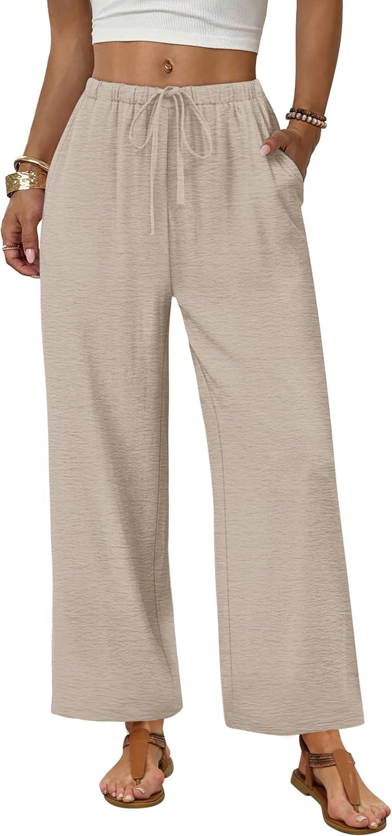 Wide Leg Pants Women Casual Palazzo Drawstring Elastic Waist Trousers with Pockets Summer Beach Vacation Clothes