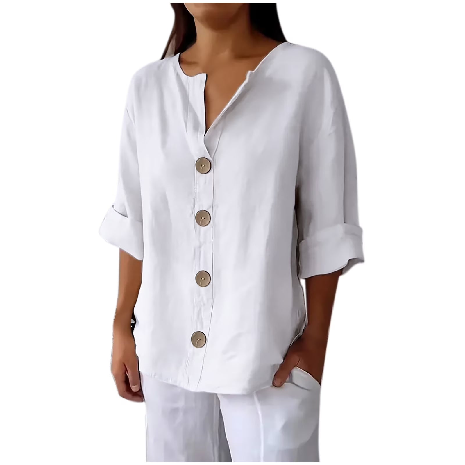 Women'S New Solid Color V-Neck Quarter 3/4 Sleeve Loose Cotton and Linen Button up Top Beach Vacation Clothes for Women White XXXL