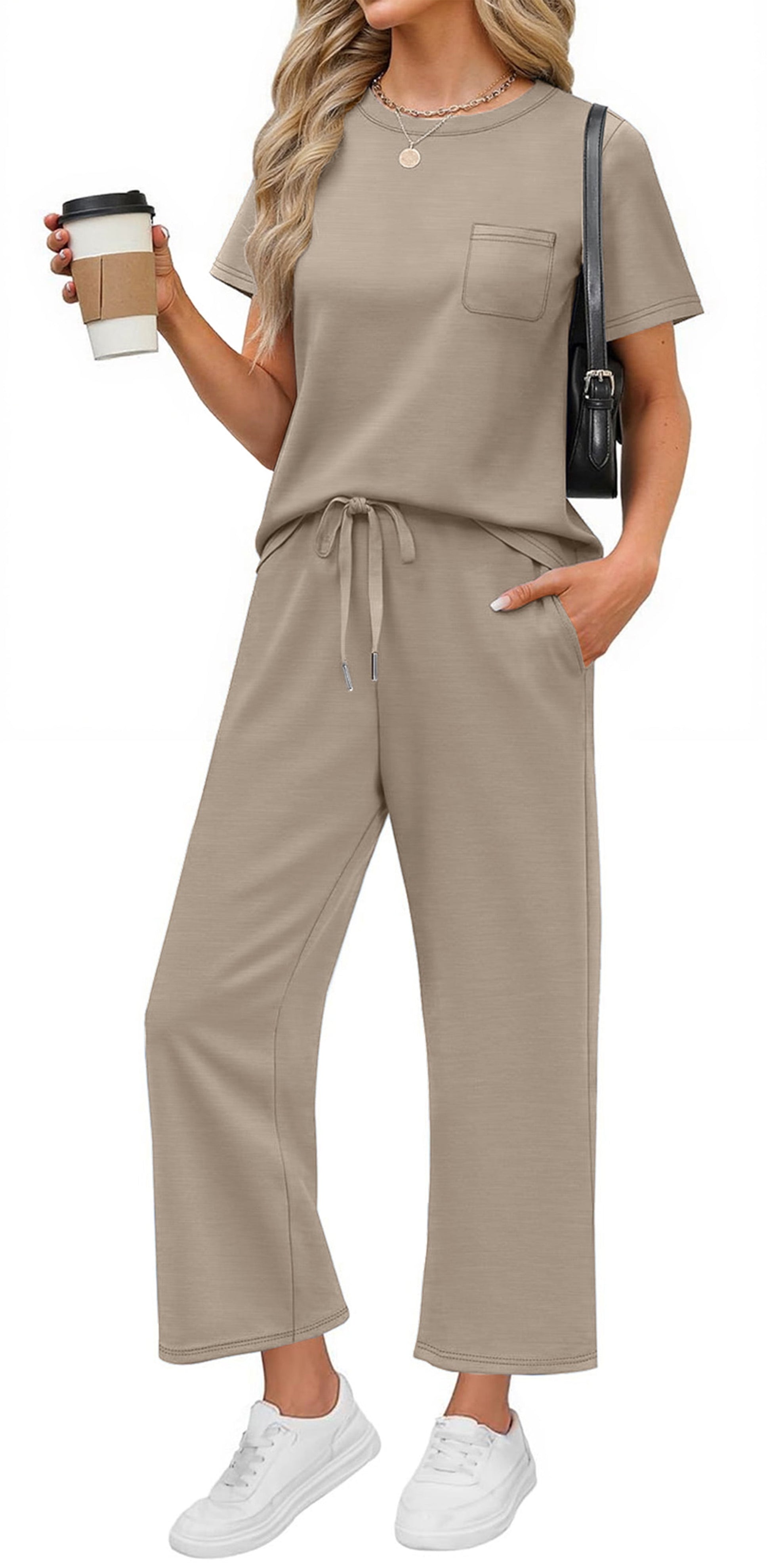 2 Piece Sets for Women Casual Summer Travel Vacation Outfits Short Sleeve Tops Wide Leg Pants Lounge Sets