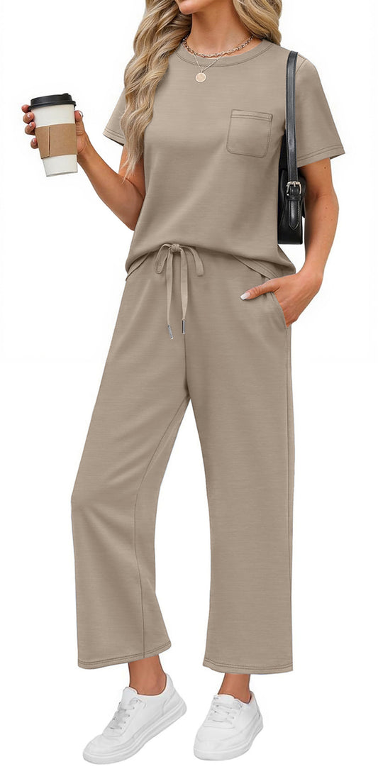 2 Piece Sets for Women Casual Summer Travel Vacation Outfits Short Sleeve Tops Wide Leg Pants Lounge Sets