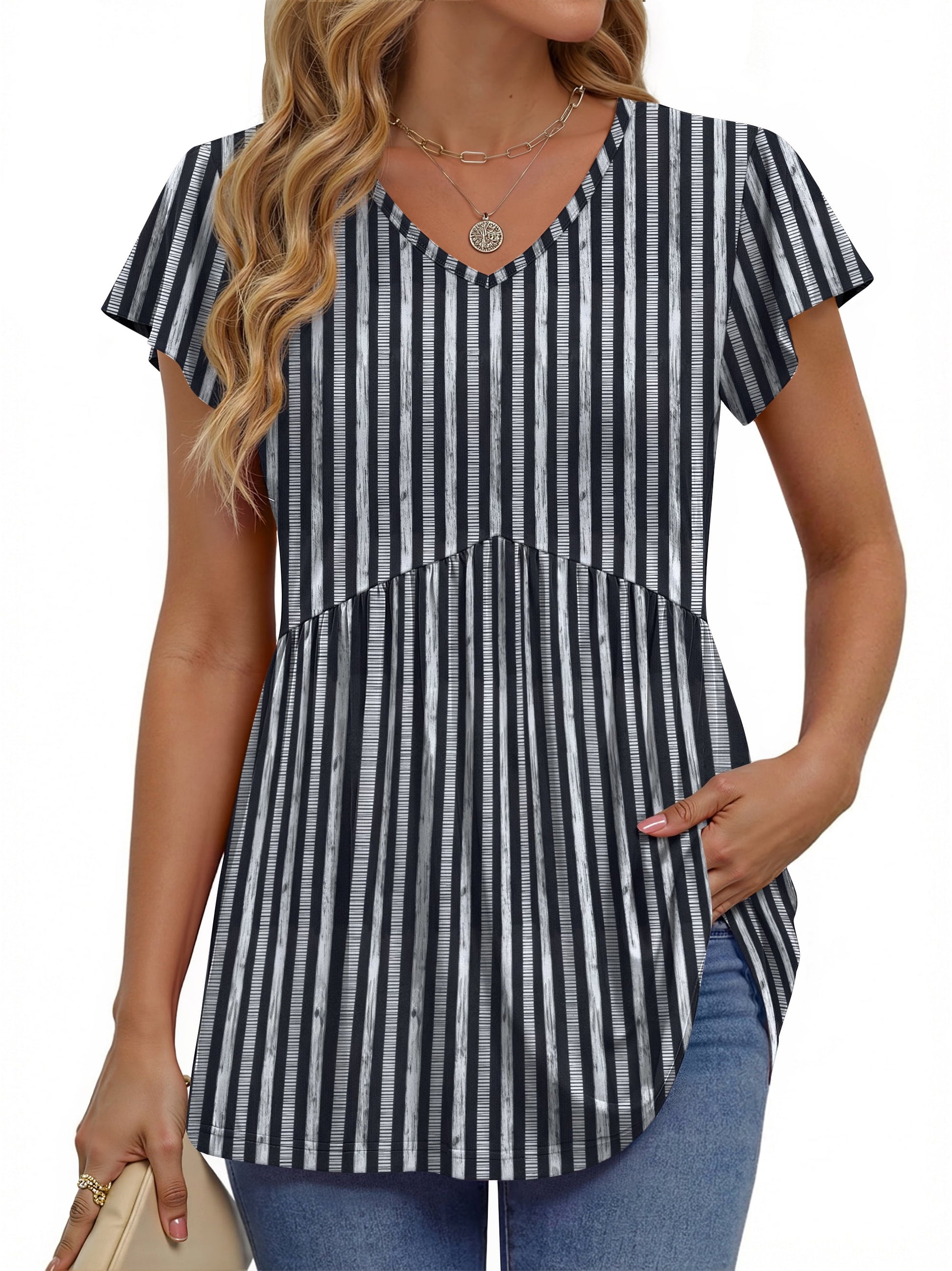 Womens Tops V Neck Short Sleeve Summer Shirts Babydoll Peplum Tops Tunic Dressy Casual Blouses