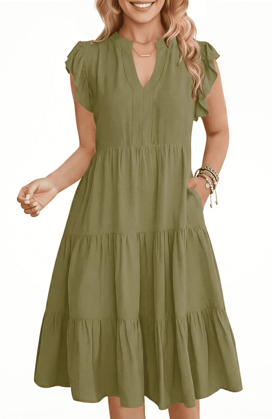 Summer Dresses for Women Ruffle Sleeve V Neck Midi Dress Casual Beach Sundress with Pockets