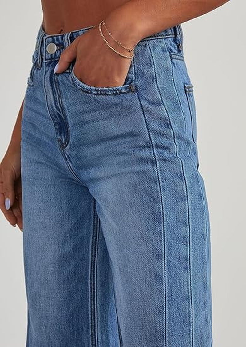 Wide Leg Jeans for Women Trendy High Waisted Stretchy Baggy Raw Hem Denim Palazzo Pants with Pockets