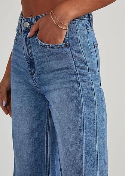 Wide Leg Jeans for Women Trendy High Waisted Stretchy Baggy Raw Hem Denim Palazzo Pants with Pockets