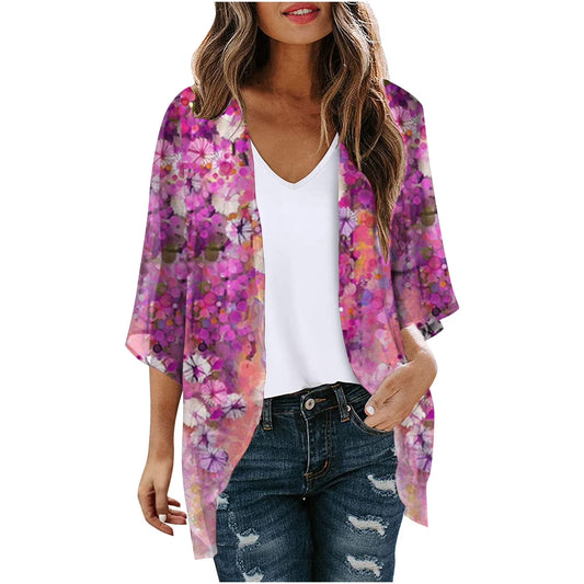 Dyegold Women'S Beach Kimono Coverup Sheer Chiffon Cover Ups Casual Loose 3/4 Sleeve Floral Open Front Boho Cardigan Tops