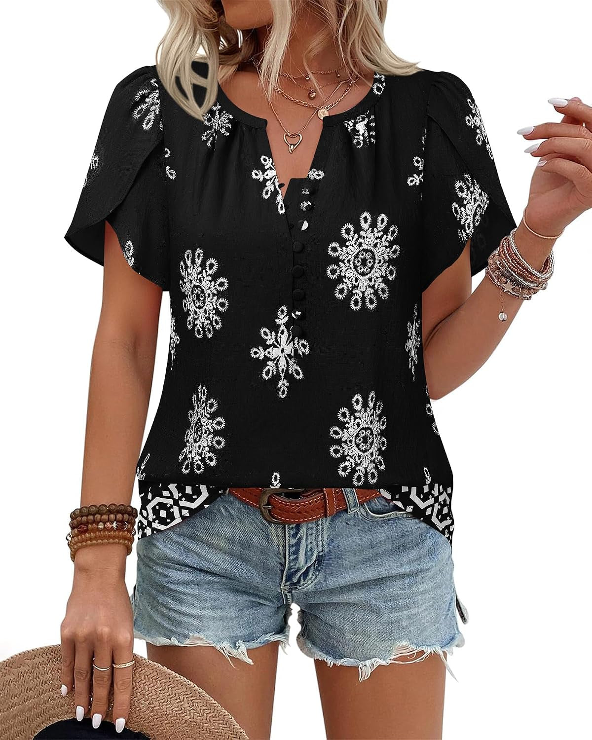 Womens Summer Tops Boho Short Sleeve Business Casual Blouses Button down Floral Shirts Fashion Beach Vacation Clothes