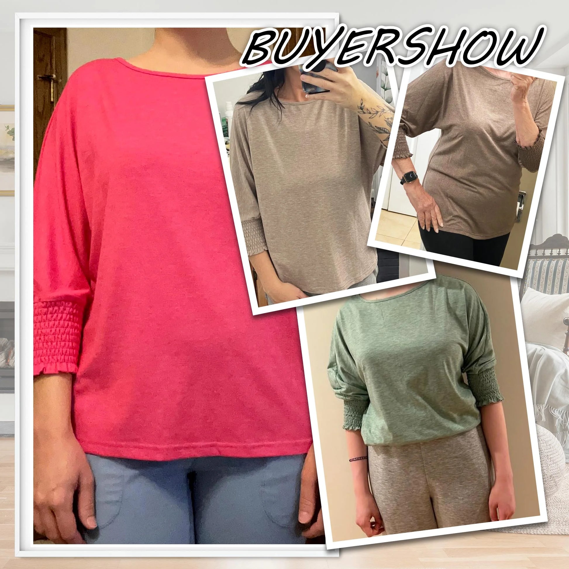 Blouses for Women Dressy Casual 3/4 Length Sleeve Womens Tops with Smocked Cuffs Fashion Shirts Womens Clothes Basic Business Shirts Crewneck