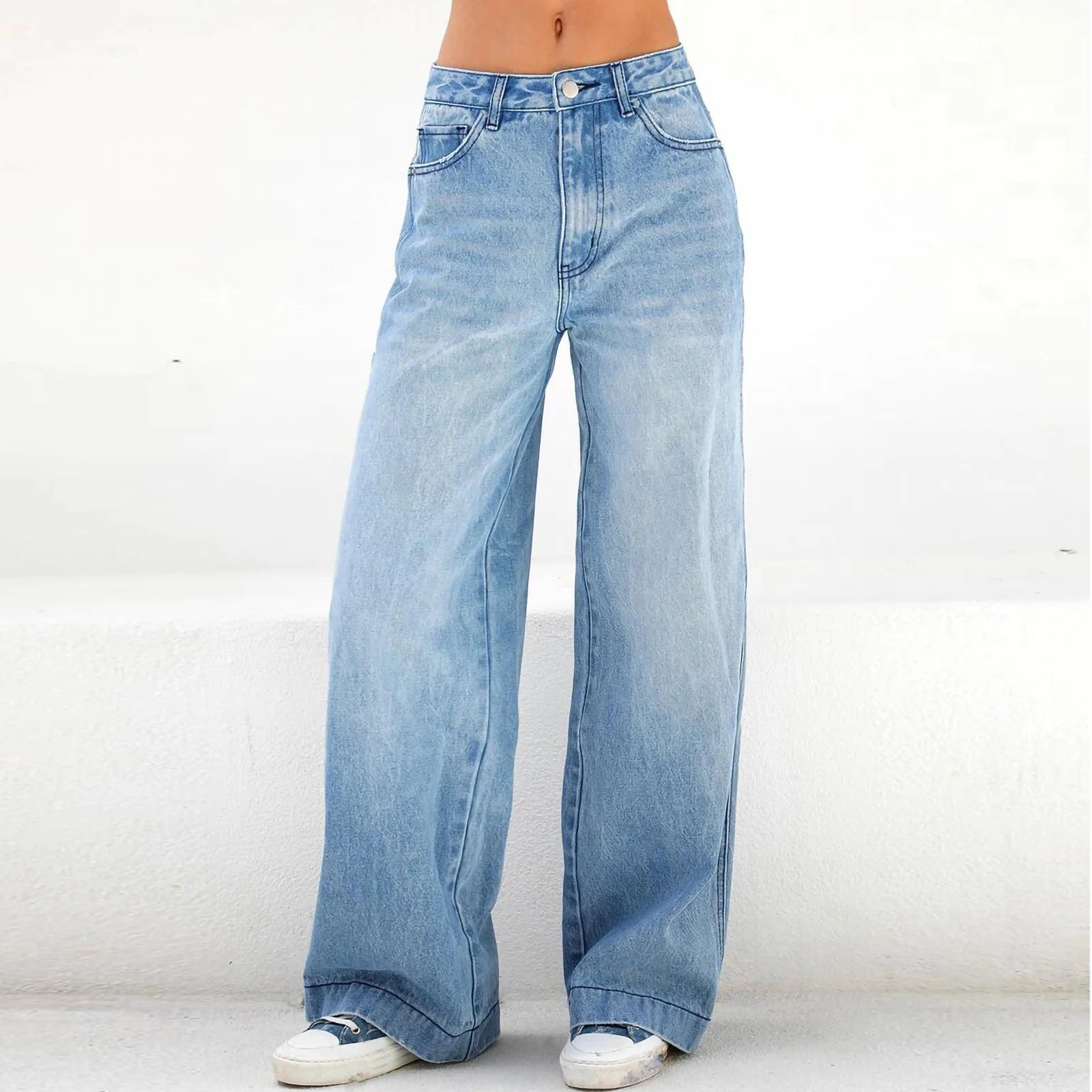 Women'S Fashion Jeans High Waisted Wide Leg Jeans Summer Casual Straight Baggy Jeans Color Block Patch Denim Trousers Dark Blue,S