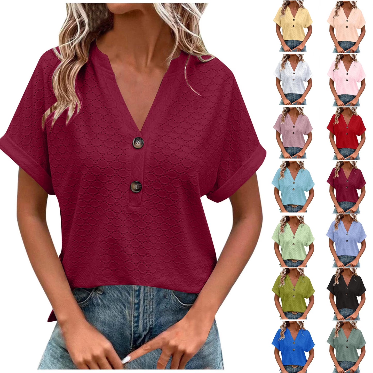 Summer Women Blouses  Summer Tops for Women'S Fashion Casual Solid Color Button V Neck T-Shirt Tops Blouse for Women Wine S