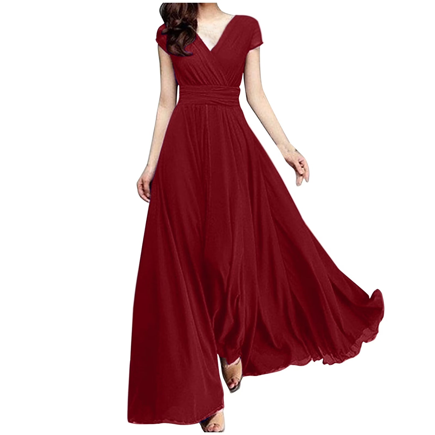 plus Size Womens Dresses Women'S V-Neck Solid Color Short Sleeve Chiffon Waist Closing Evening Dress