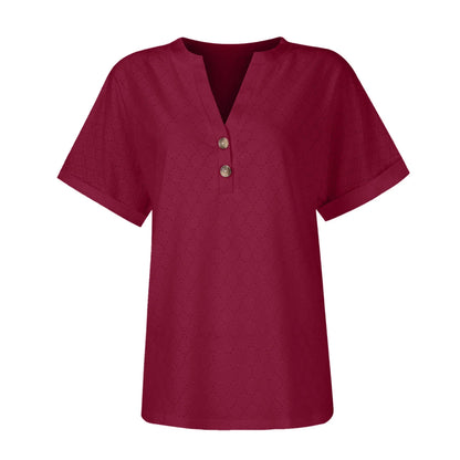 Summer Women Blouses  Summer Tops for Women'S Fashion Casual Solid Color Button V Neck T-Shirt Tops Blouse for Women Wine S