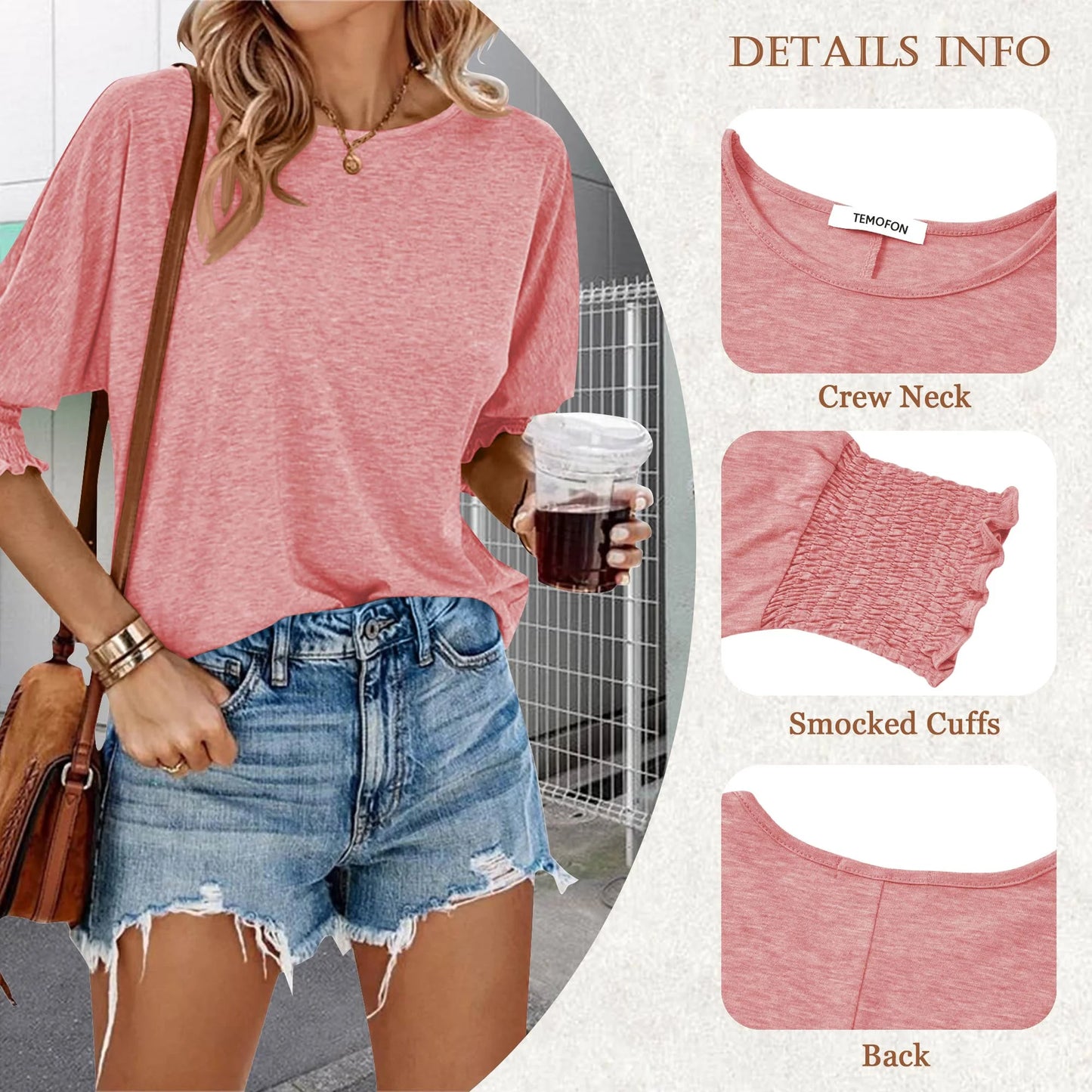 Blouses for Women Dressy Casual 3/4 Length Sleeve Womens Tops with Smocked Cuffs Fashion Shirts Womens Clothes Basic Business Shirts Crewneck