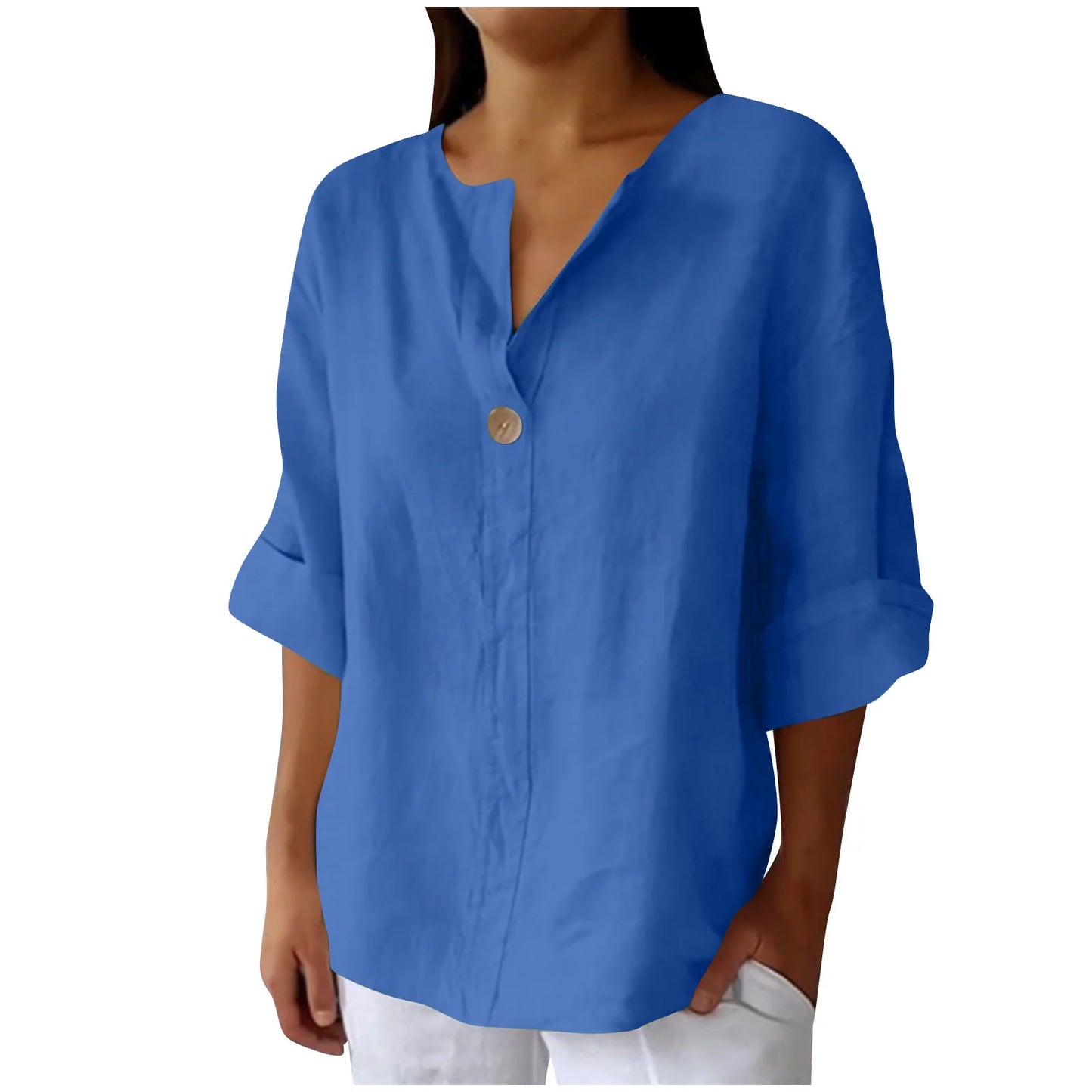 Women'S Fashion Summer V Neck Leisure Three-Quarter Sleeve Solid Women Beach Fashion Blue XL