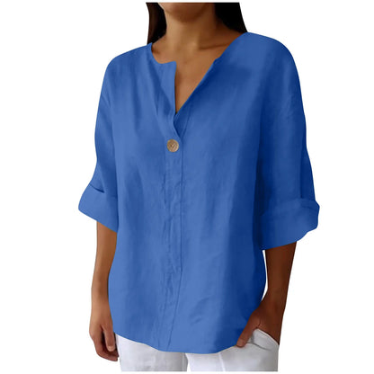 Women'S Fashion Summer V Neck Leisure Three-Quarter Sleeve Solid Women Beach Fashion Blue XL