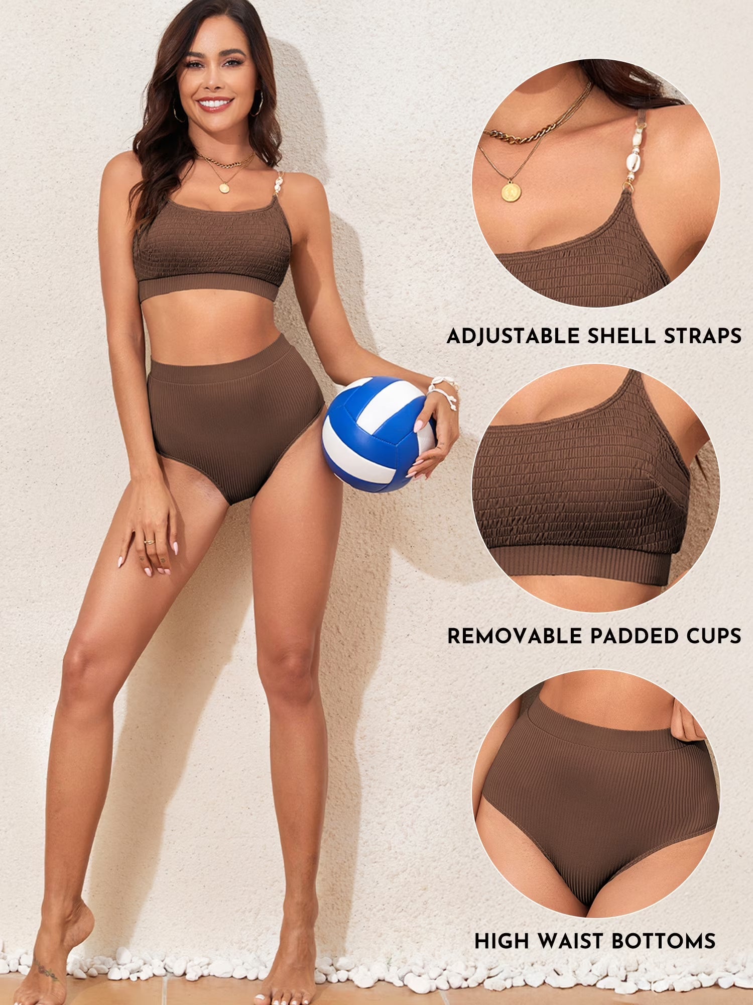 Women'S Bikini Sets 2 Piece Swimsuit High Waisted Bathing Suits for Women Scoop Neck Adjustable Shell Strap Bikini Swimwear Coffee XL