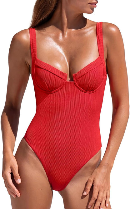One Piece Swimsuit Women Tummy Control Ribbed Underwire Swimwear | Bathing Suits,Contrast Trim,Knotted,Retro,Vintage,Slimming,Push Up,Sexy ,Flattering,Beach,Vacation
