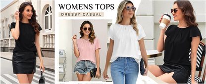 Pleated Blouses for Women Dressy Casual Tops Business Work Shirts Ruffle Sleeve Crew Neck Summer Outfits