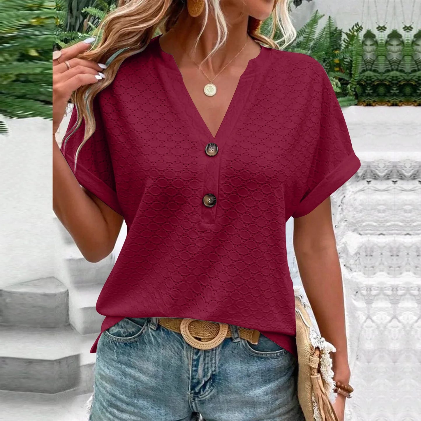 Summer Women Blouses  Summer Tops for Women'S Fashion Casual Solid Color Button V Neck T-Shirt Tops Blouse for Women Wine S