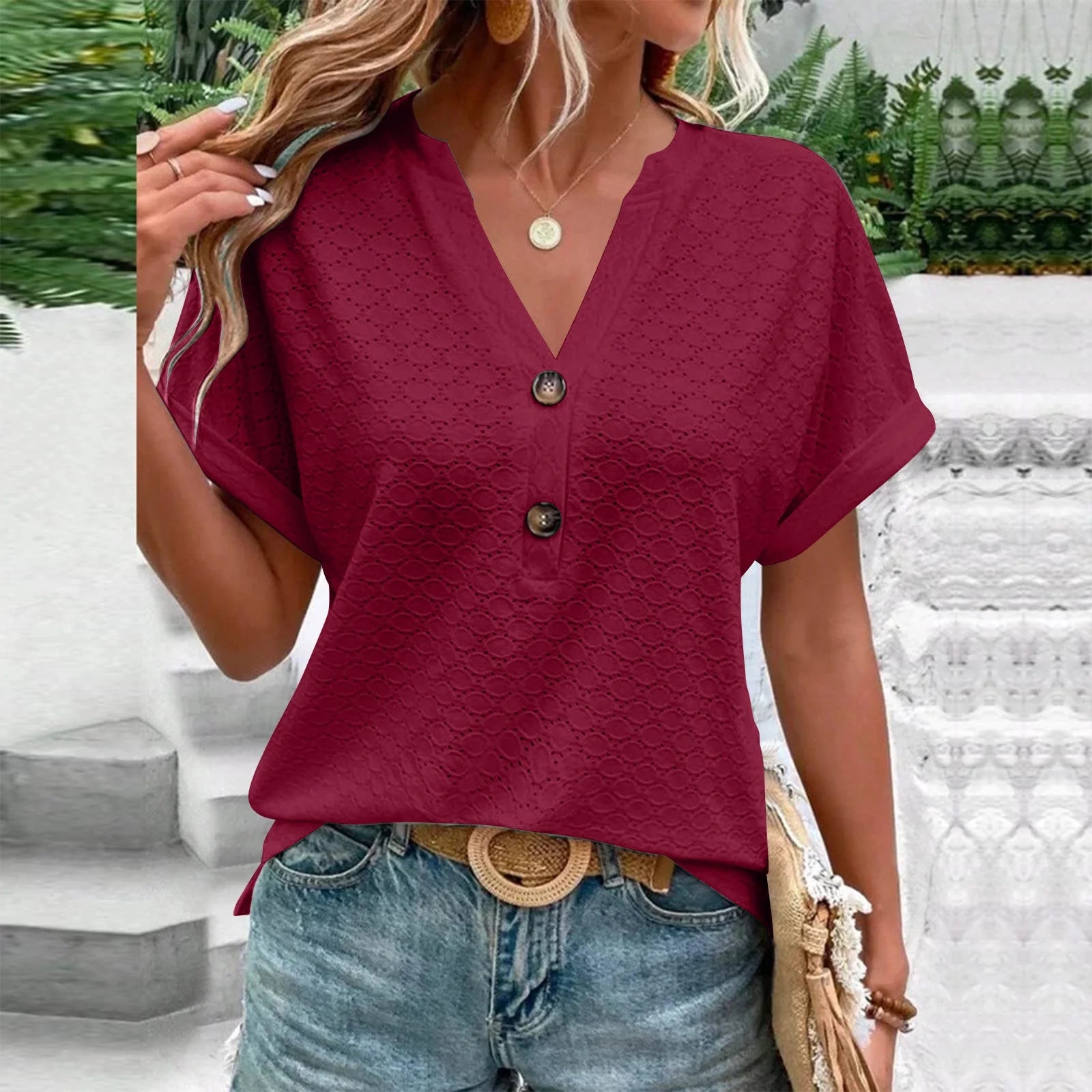 Summer Women Blouses  Summer Tops for Women'S Fashion Casual Solid Color Button V Neck T-Shirt Tops Blouse for Women Wine S