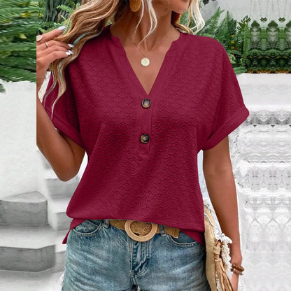 Summer Women Blouses  Summer Tops for Women'S Fashion Casual Solid Color Button V Neck T-Shirt Tops Blouse for Women Wine S
