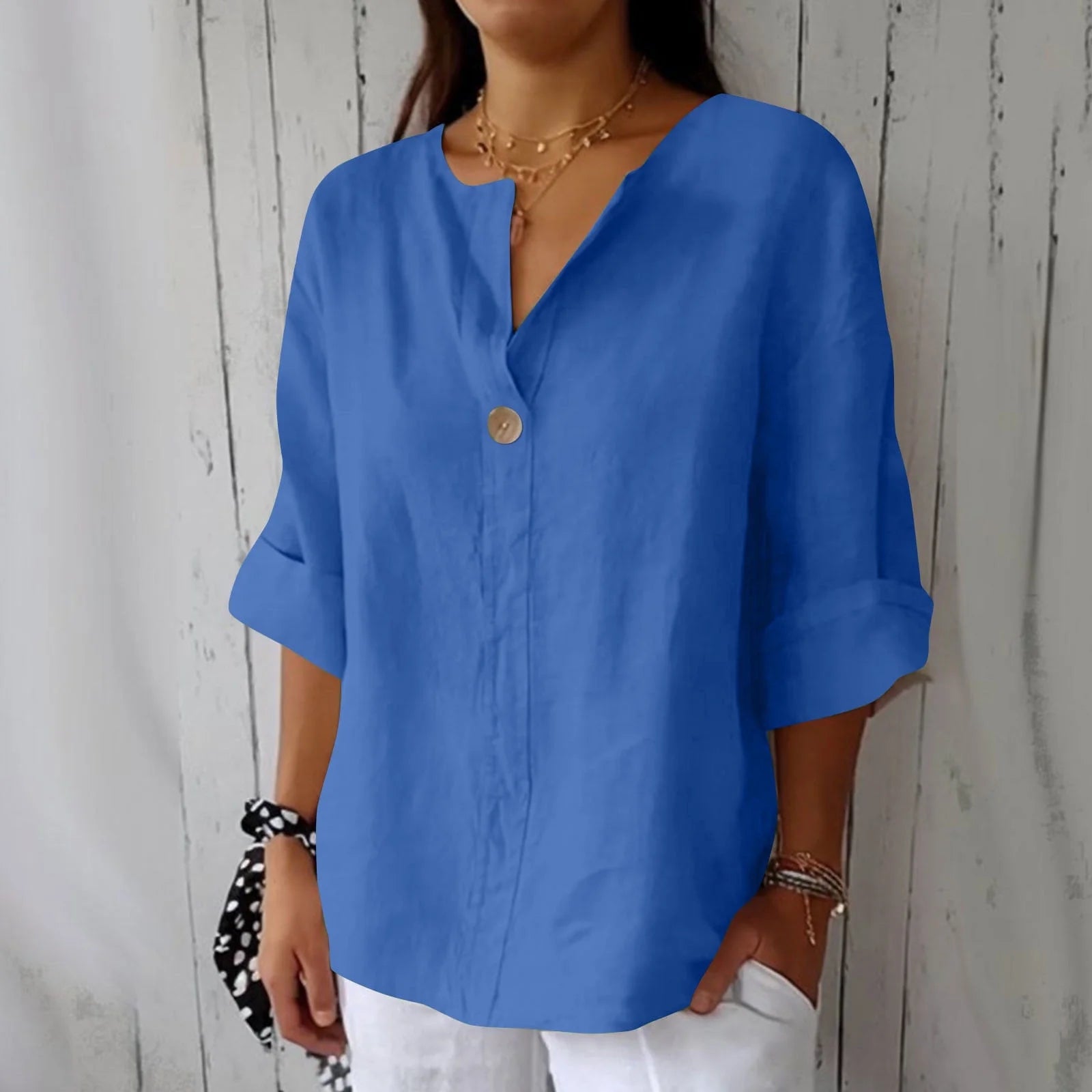 Women'S Fashion Summer V Neck Leisure Three-Quarter Sleeve Solid Women Beach Fashion Blue XL