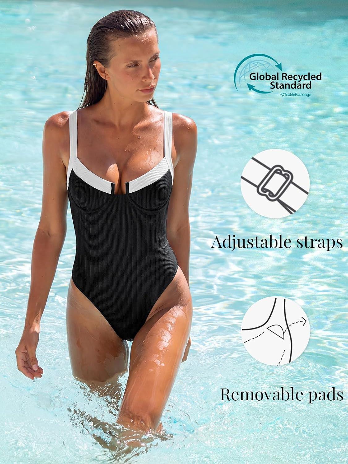 One Piece Swimsuit Women Tummy Control Ribbed Underwire Swimwear | Bathing Suits,Contrast Trim,Knotted,Retro,Vintage,Slimming,Push Up,Sexy ,Flattering,Beach,Vacation