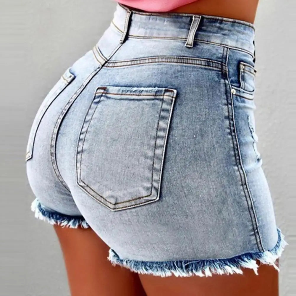 2025 Retro Distressed Ripped Edge Women Shorts High Waist Washed Butt-Lifted Slim Fit Side Pockets Casual Club Party Short Pants