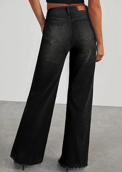 Wide Leg Jeans for Women Trendy High Waisted Stretchy Baggy Raw Hem Denim Palazzo Pants with Pockets