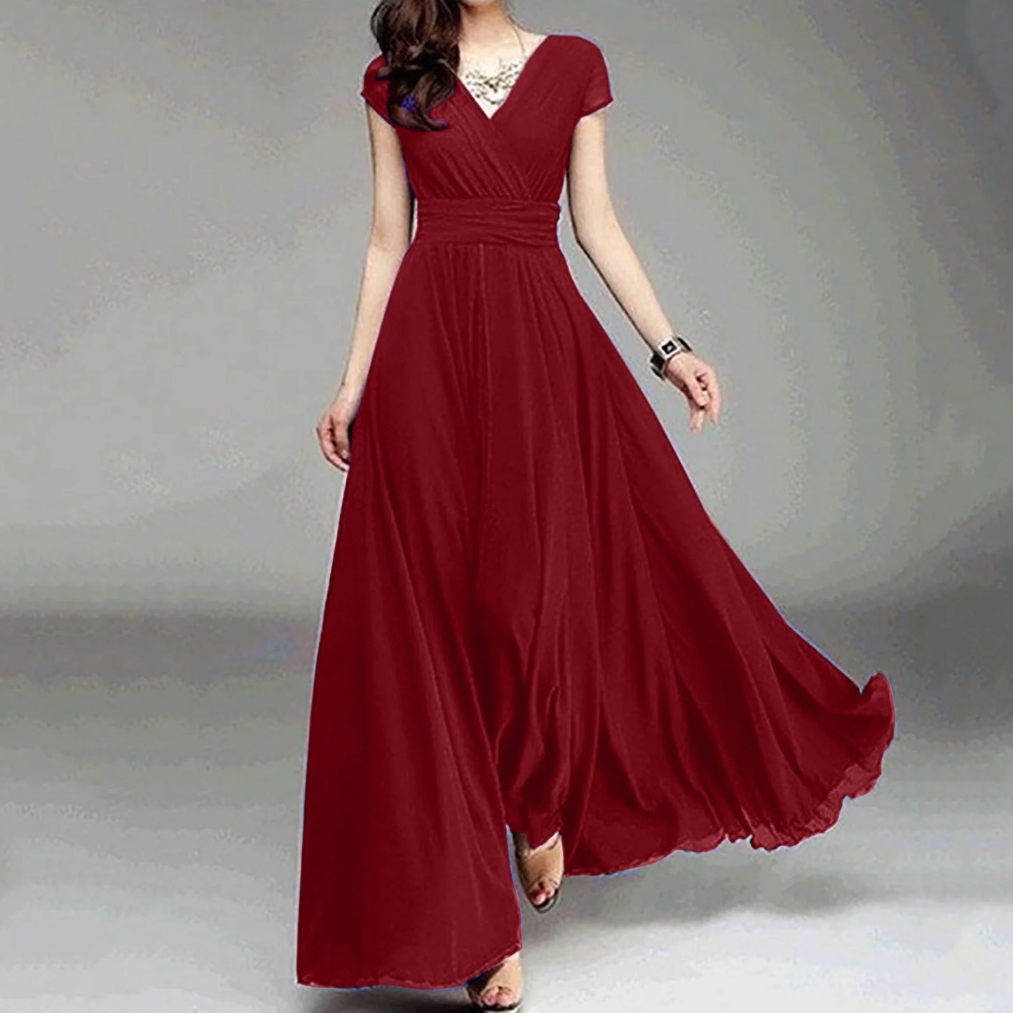 plus Size Womens Dresses Women'S V-Neck Solid Color Short Sleeve Chiffon Waist Closing Evening Dress