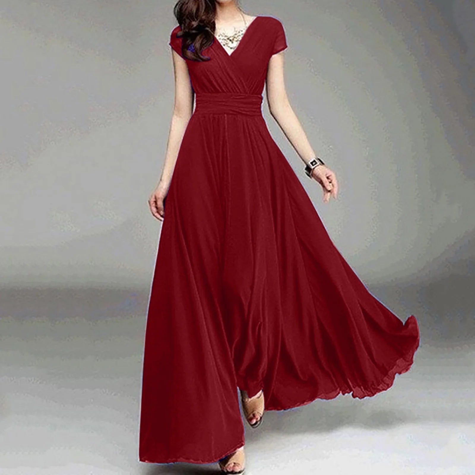 plus Size Womens Dresses Women'S V-Neck Solid Color Short Sleeve Chiffon Waist Closing Evening Dress