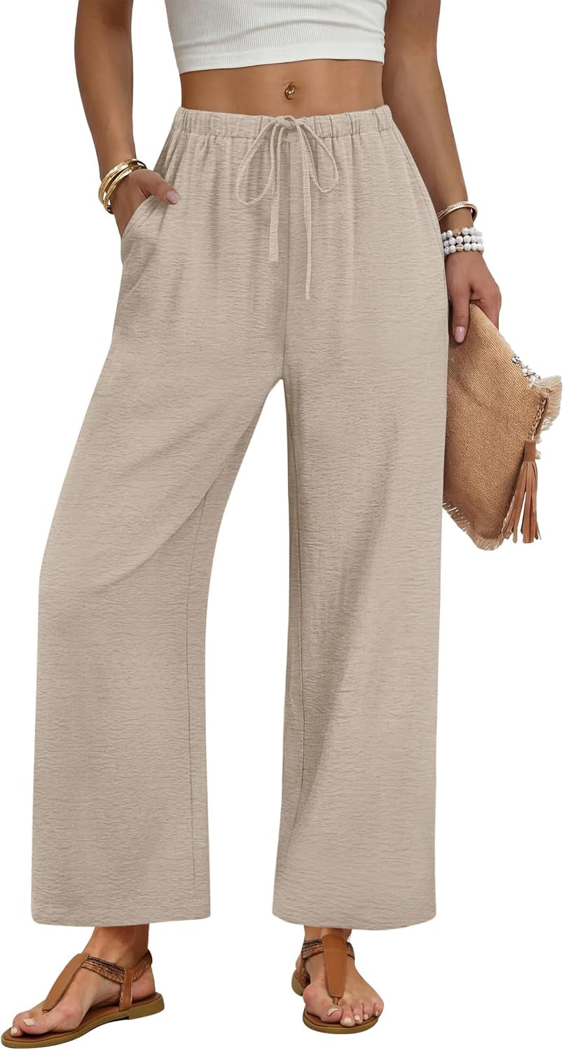 Wide Leg Pants Women Casual Palazzo Drawstring Elastic Waist Trousers with Pockets Summer Beach Vacation Clothes