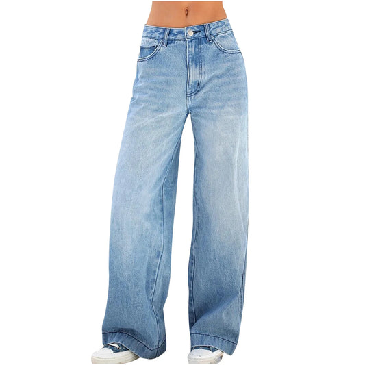 Women'S Fashion Jeans High Waisted Wide Leg Jeans Summer Casual Straight Baggy Jeans Color Block Patch Denim Trousers Dark Blue,S