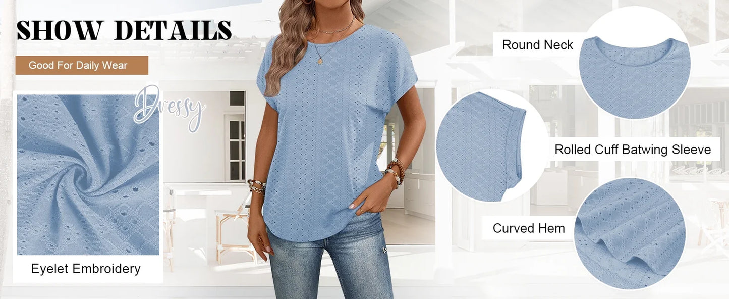 Summer Short Sleeve T Shirts for Women Casual Loose Tunic Tops Comfortable Crew Neck Tops for Womens Clothes Eyelet Embroidery Blouses Shirts
