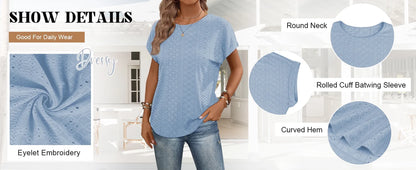Summer Short Sleeve T Shirts for Women Casual Loose Tunic Tops Comfortable Crew Neck Tops for Womens Clothes Eyelet Embroidery Blouses Shirts