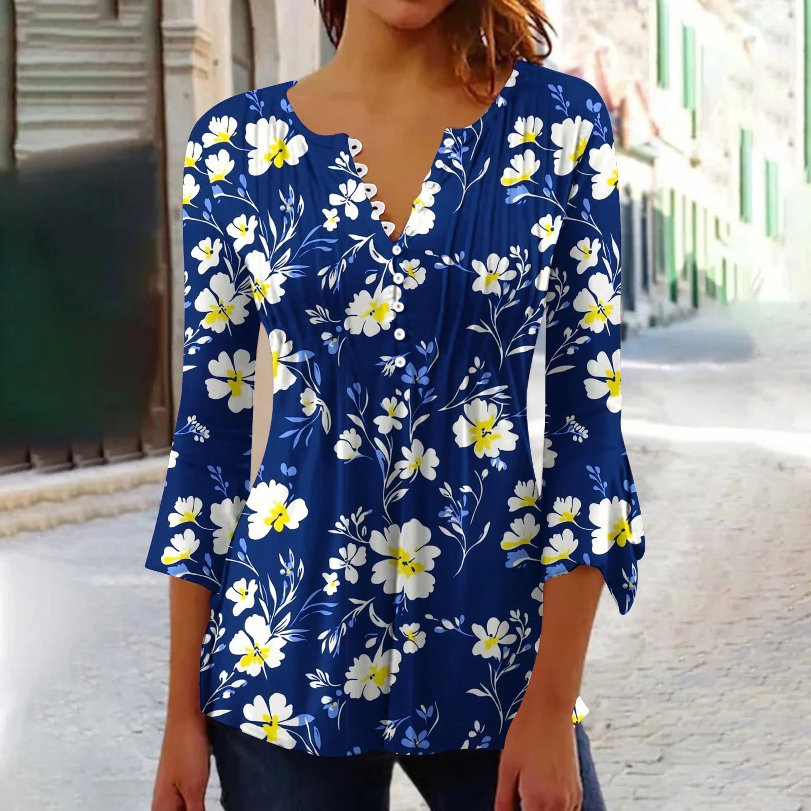 Ofertas En 3/4 Length Sleeve Womens Tops Button down V Neck T Shirts Floral Summer Tunic Ladies Tops Elegant Dressy Casual Blouses Fashion Vacation Tee Shirts Ropa Mujer