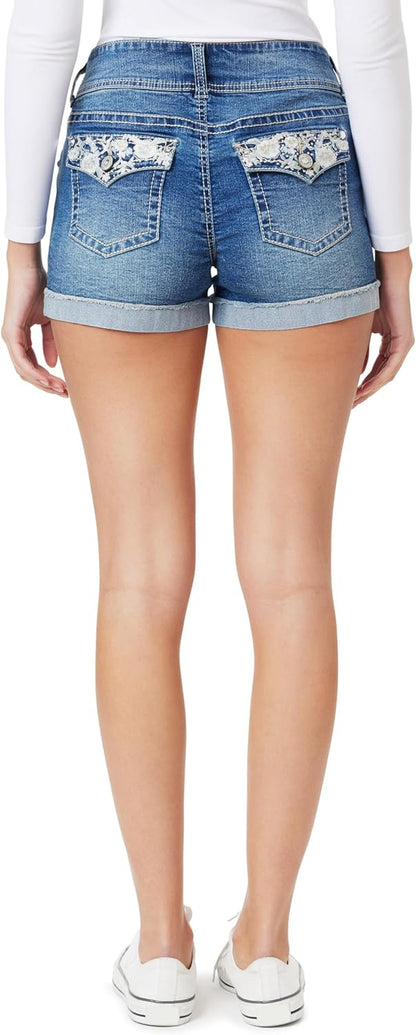 Womens Luscious Curvy Mid-Rise Denim Insta Stretch Juniors Bling Shorts & Bermuda
