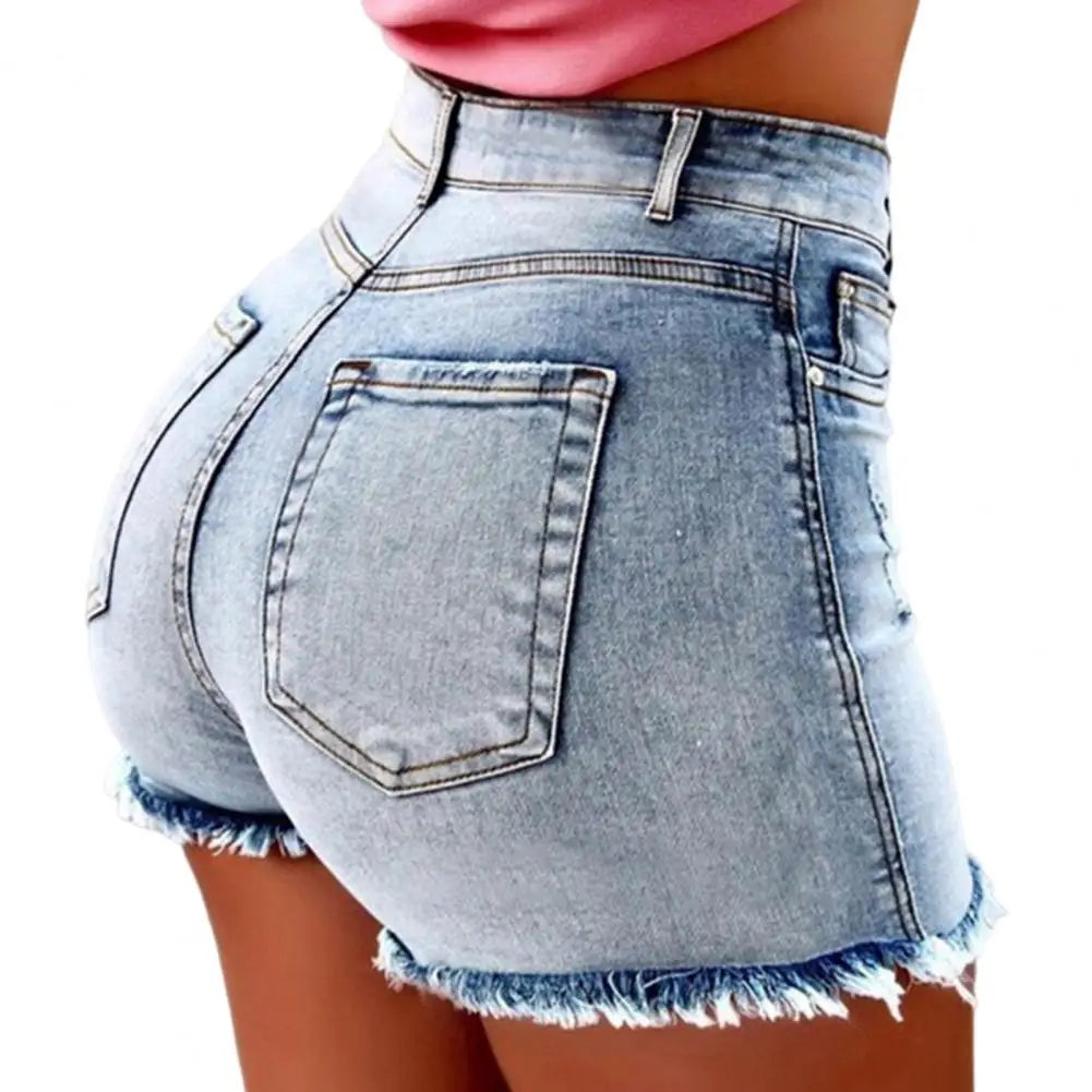 2025 Retro Distressed Ripped Edge Women Shorts High Waist Washed Butt-Lifted Slim Fit Side Pockets Casual Club Party Short Pants