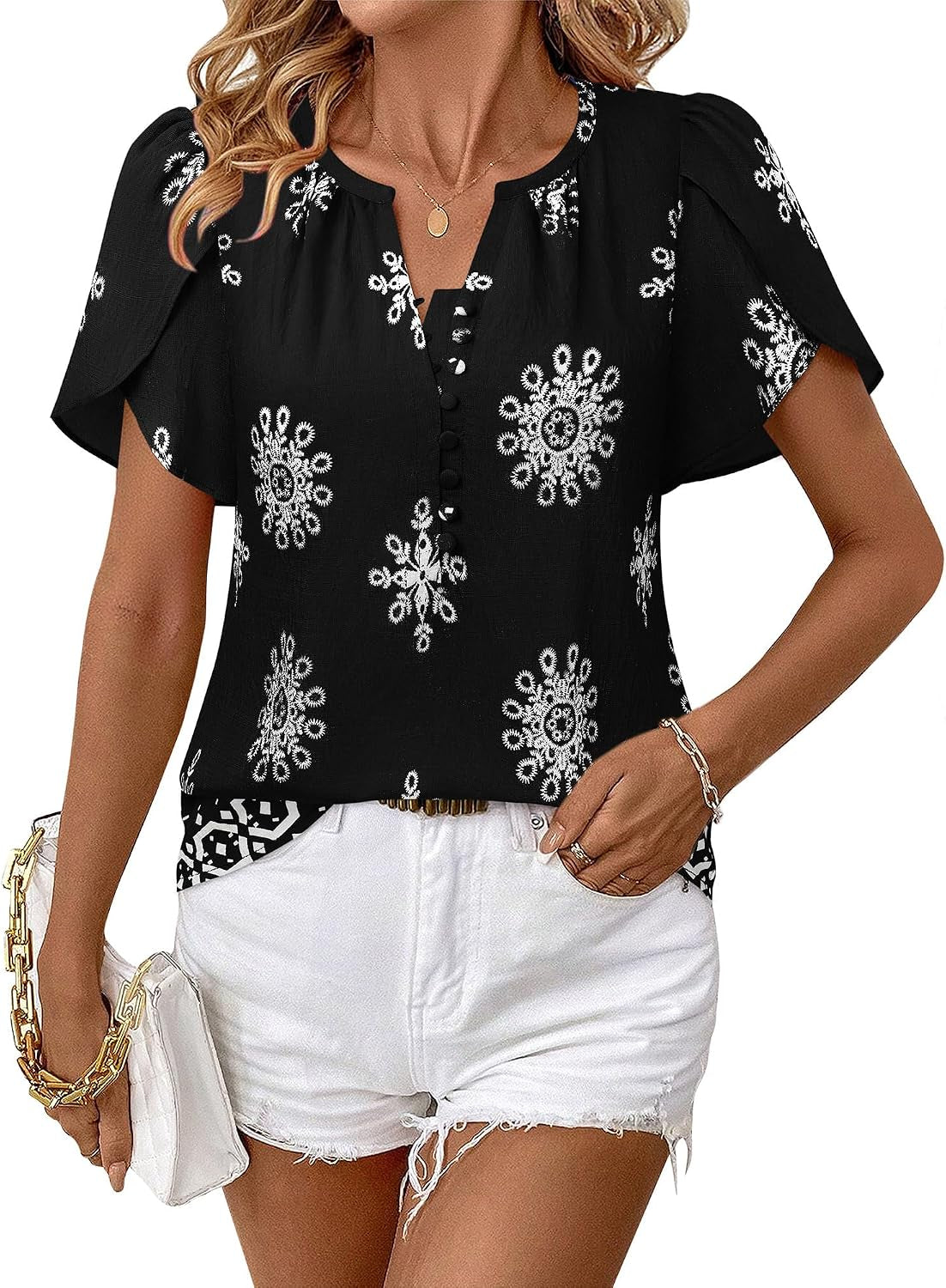 Womens Summer Tops Boho Short Sleeve Business Casual Blouses Button down Floral Shirts Fashion Beach Vacation Clothes