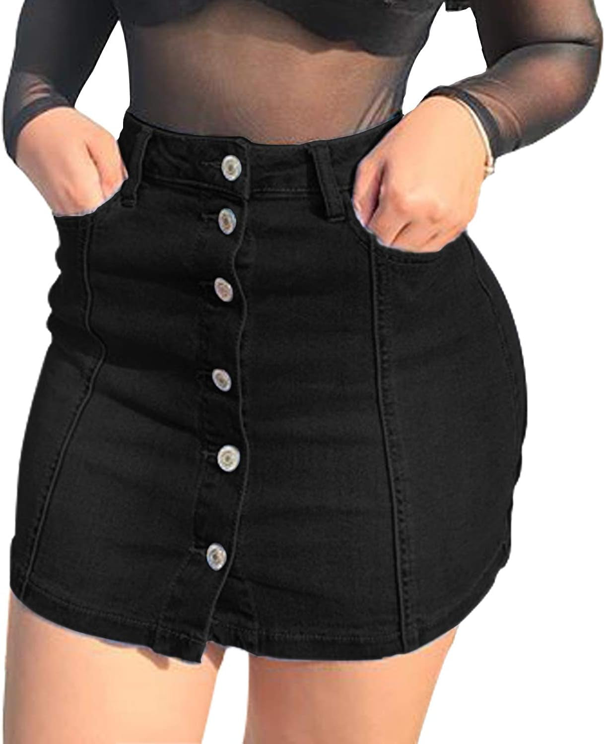 Women'S Button down Front Denim Short Skirt with Side Pocket
