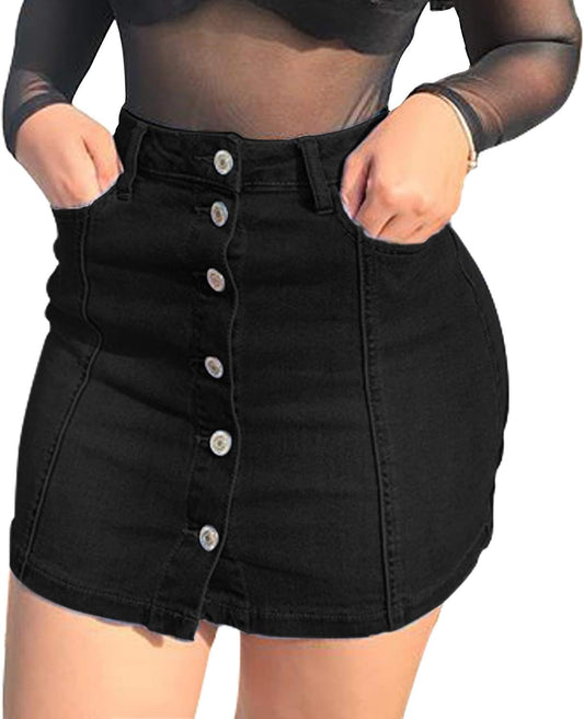 Women'S Button down Front Denim Short Skirt with Side Pocket