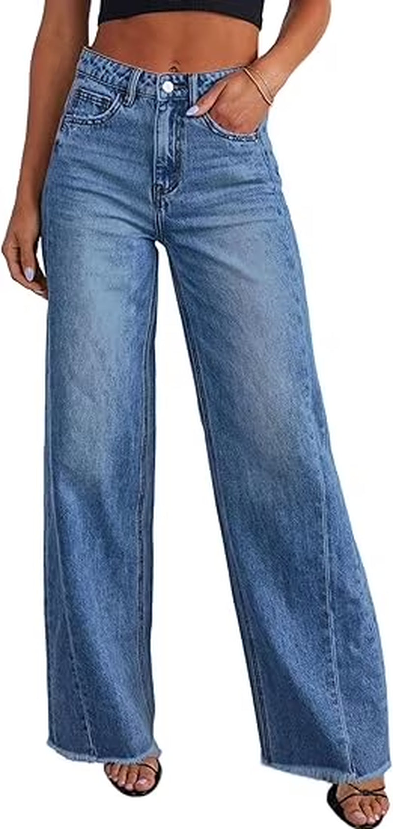Wide Leg Jeans for Women Trendy High Waisted Stretchy Baggy Raw Hem Denim Palazzo Pants with Pockets